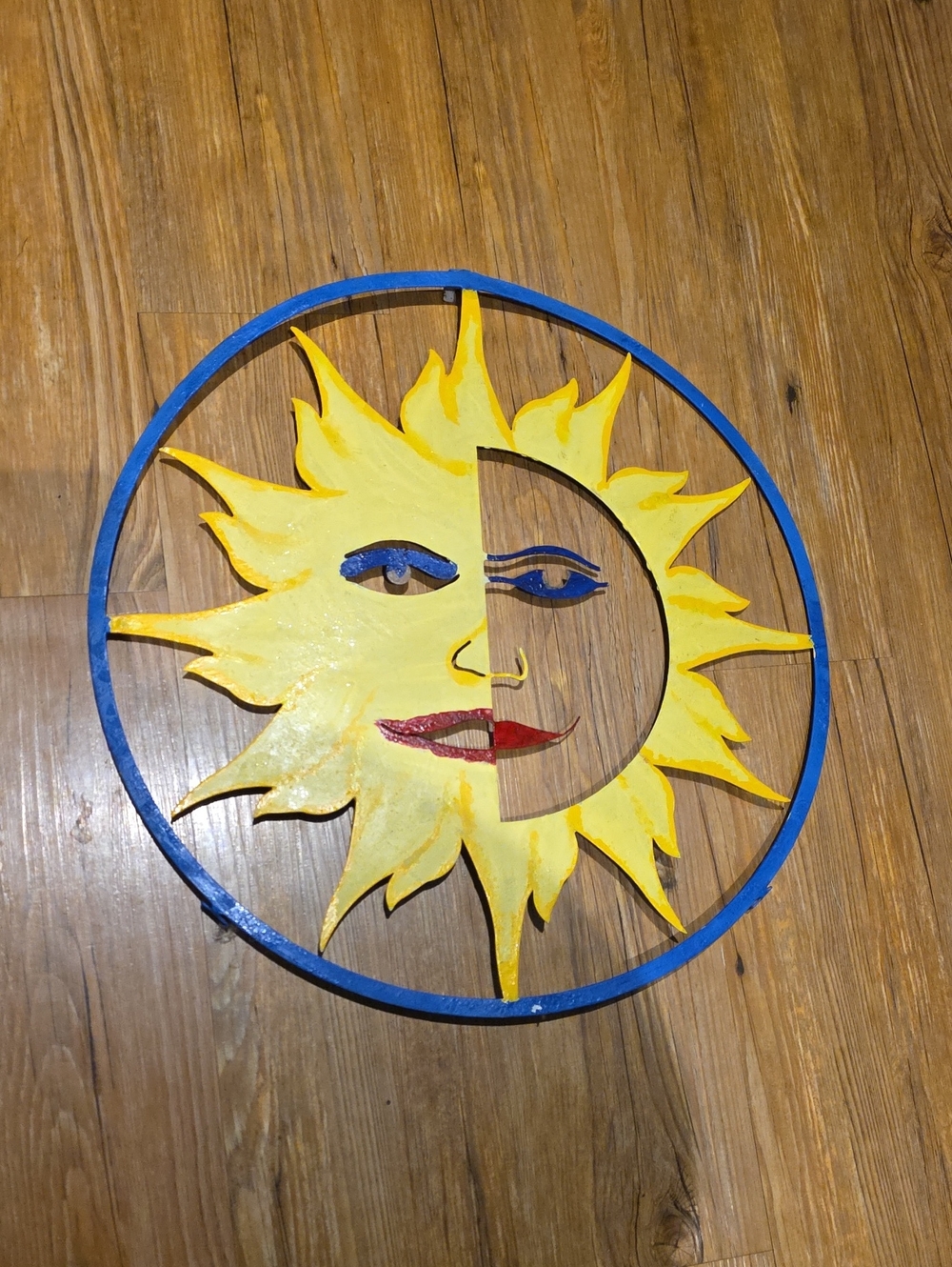 Yellow Sun Face Metal Wall Decor with Blue Accent